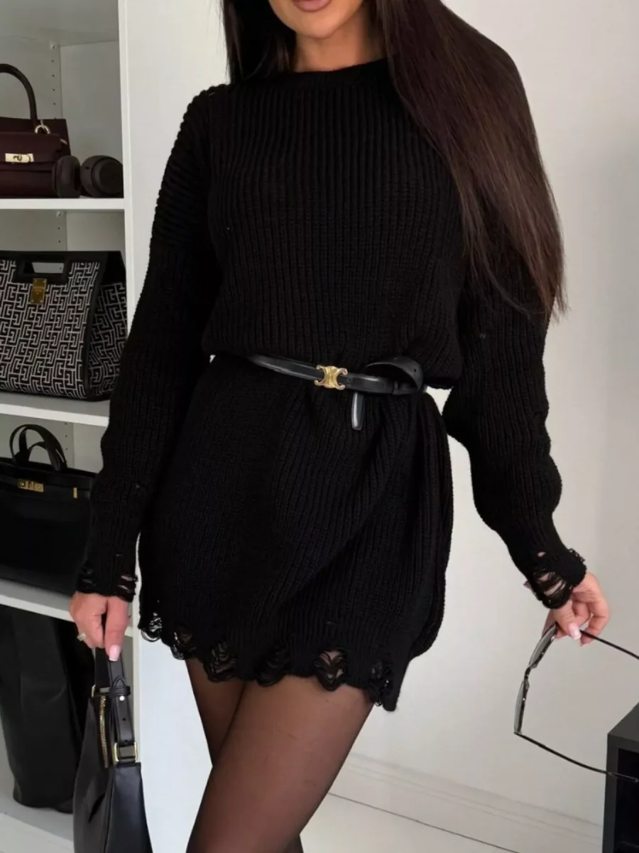 Vestido de malha com decote redondo e ombros caídos com efeito desgastado - Image 6