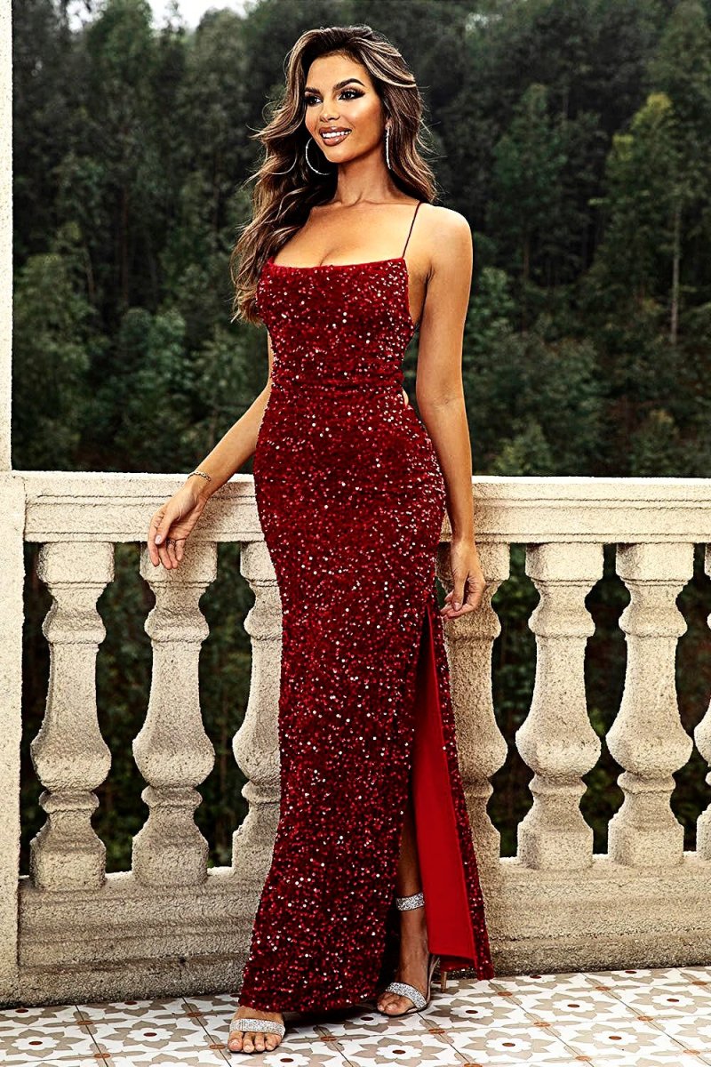 Vestido longo elegante de noite com decote nas costas, detalhes em lantejoulas e fenda - Estilo moderno com amarração nas costas - Image 9