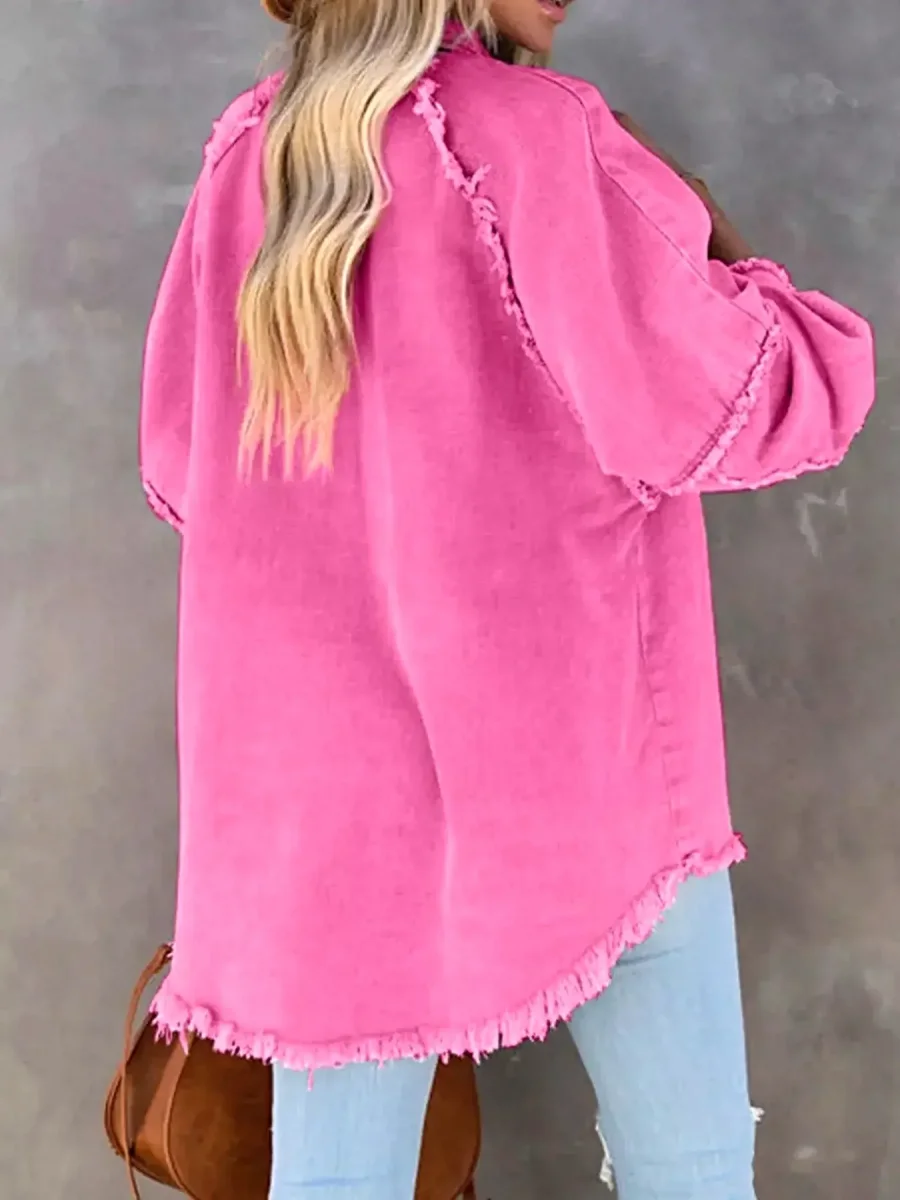 Jaqueta jeans feminina elegante com botões e barra desfiada - mistura de algodão, modelagem clássica. - Image 3