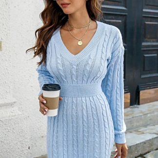 Vestido suéter elegante com decote em V - Mini vestido de manga comprida em tricô trançado, 100% acrílico.